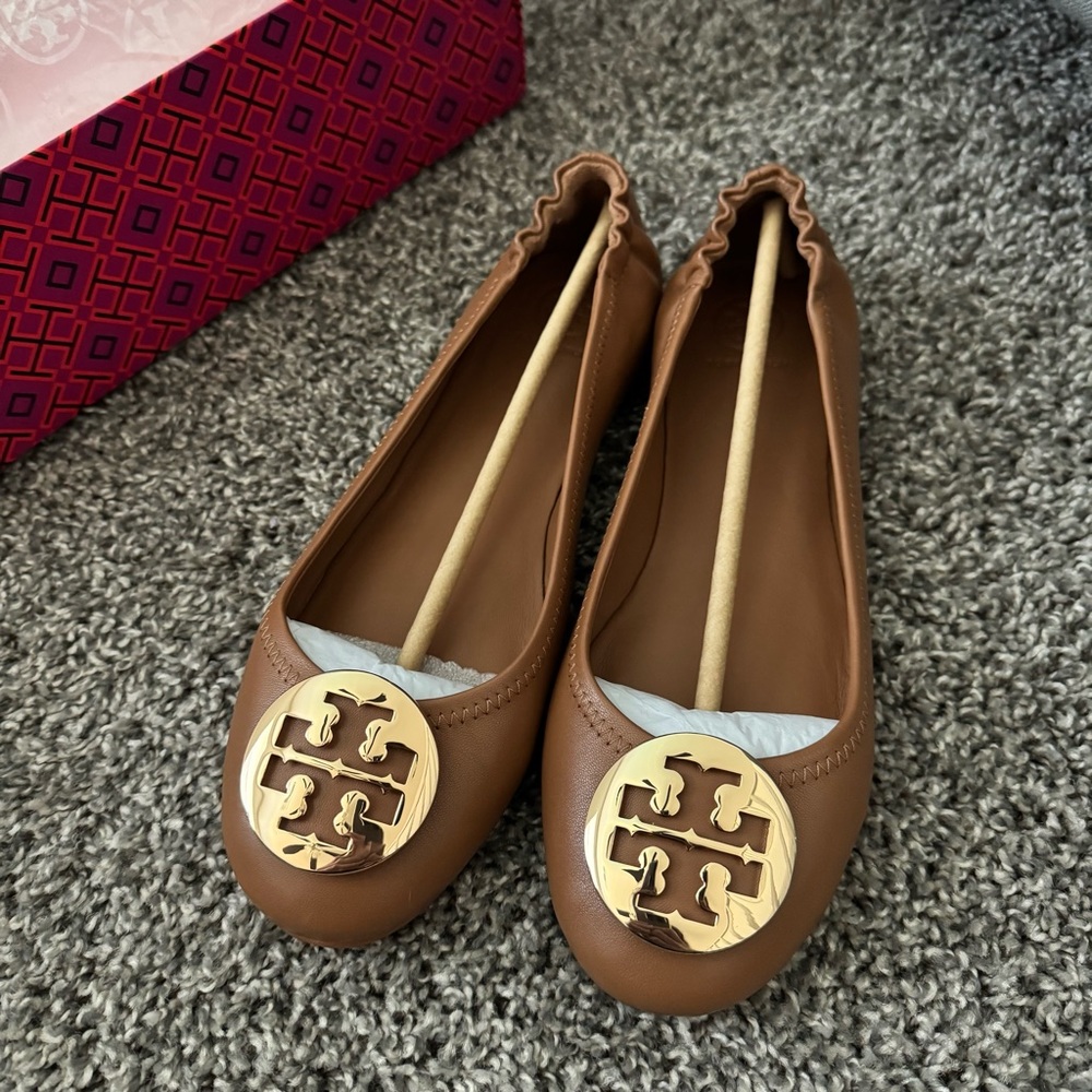 Tory Burch Minnie Leather Travel Ballet - Royal Tan/Gold